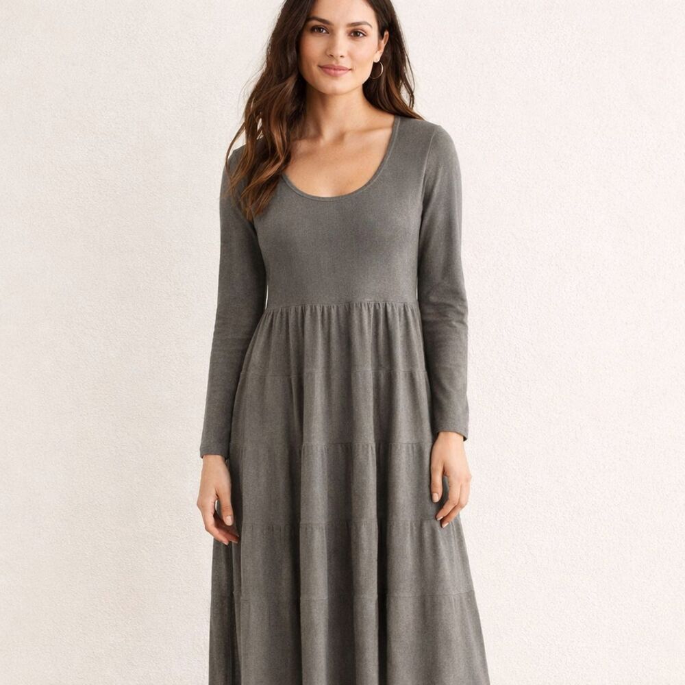 J. Jill Cotton Silk Knit Midi Dress Womens Sz S Taupe Tiers Minimalist Lagenlook